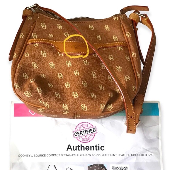 Dooney & Bourke Brown/Pale Yellow Signature Print PVC Tan Leather Small Bag - Picture 5 of 5